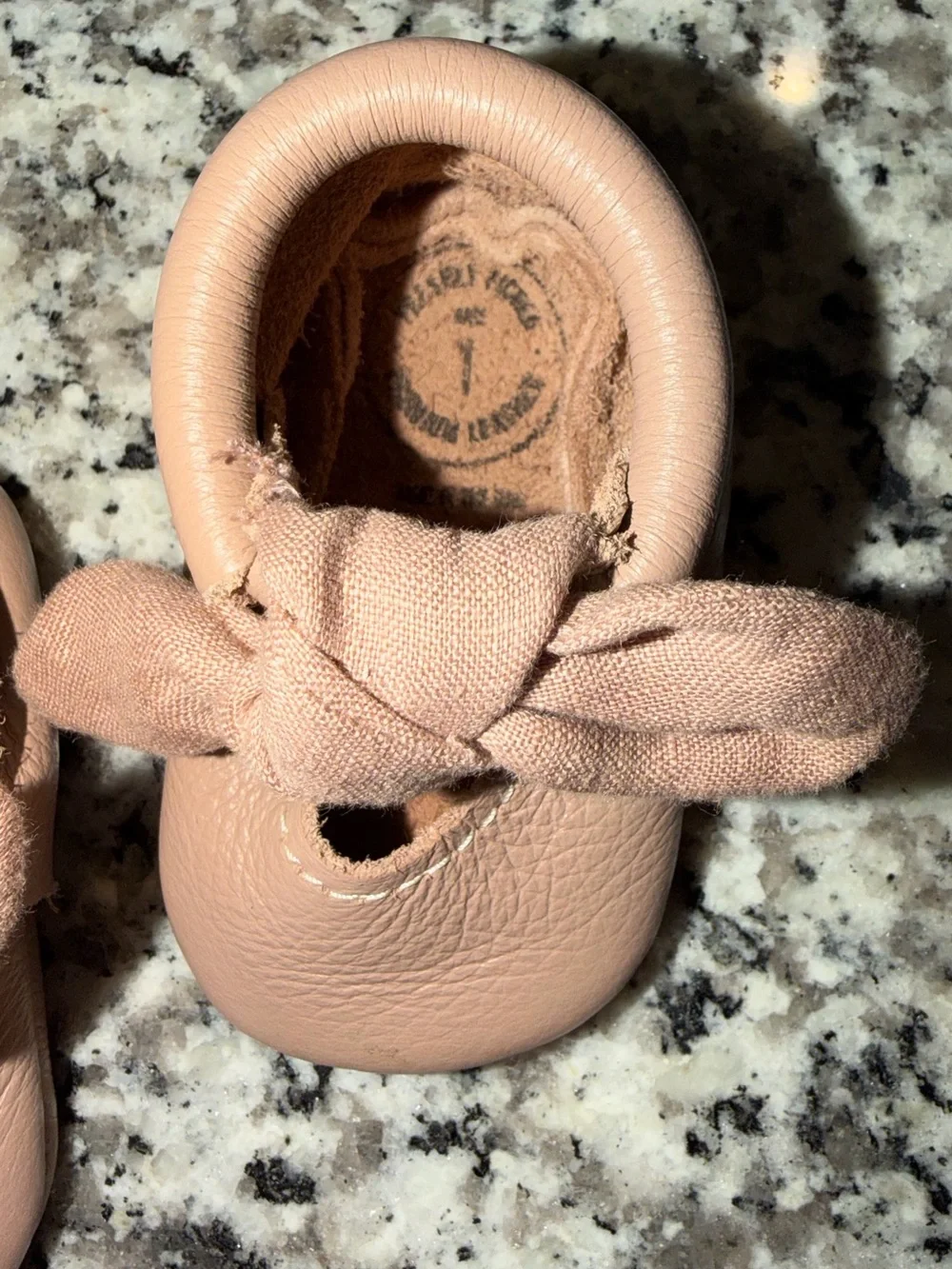 Freshly Picked Baby Girl Beige Blush Linen Bow Leather Moccasins